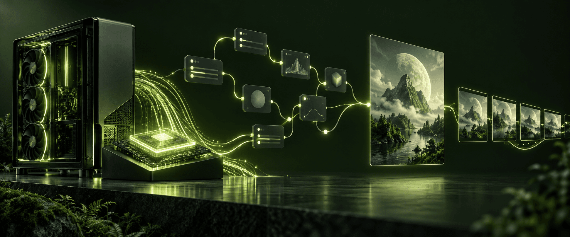 Illustration of a local GPU feeding a visual workflow and producing images and video frames